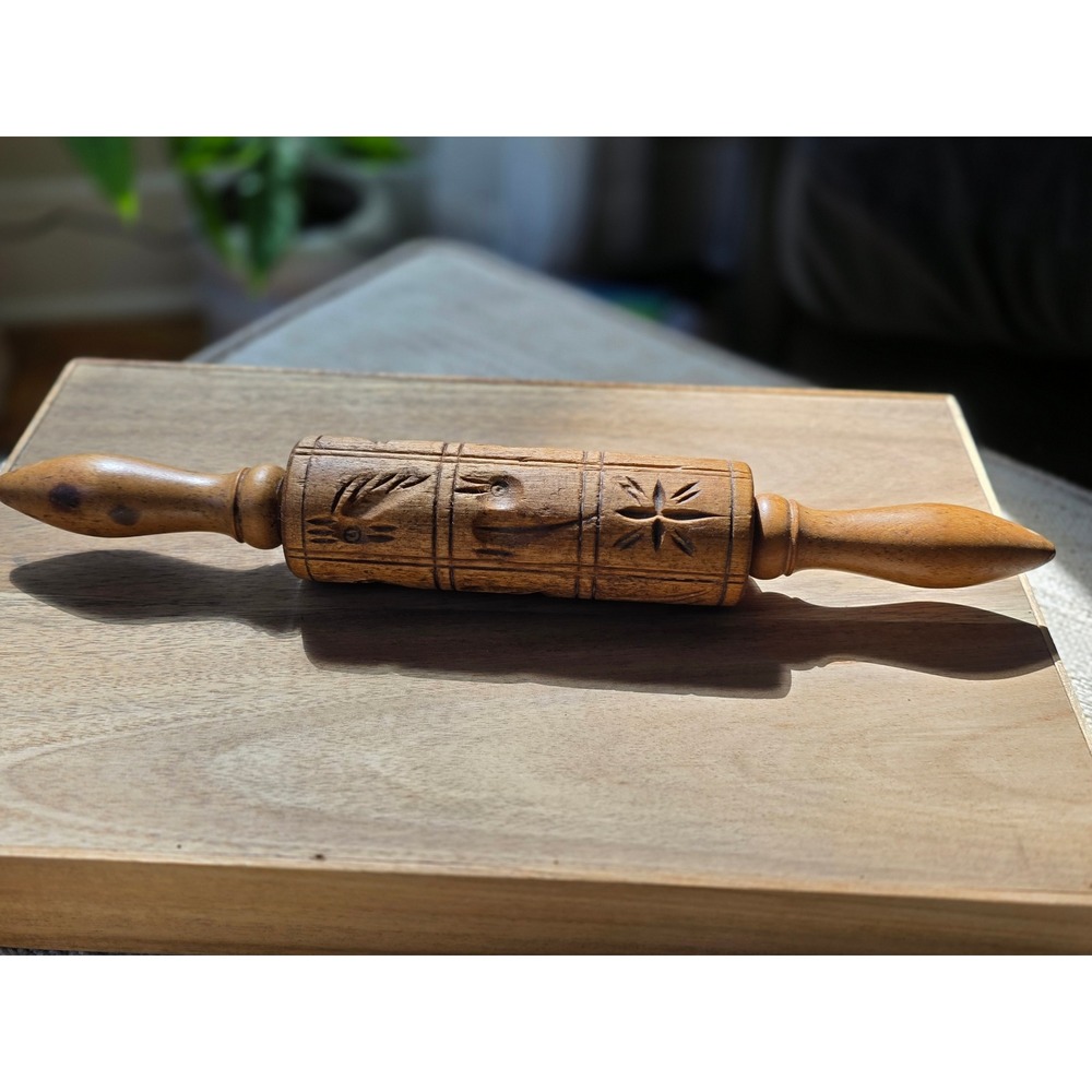 Vintage Hand Carved Wooden Springerle Rolling Pin Owl Star Folk Art Cookie Stamp